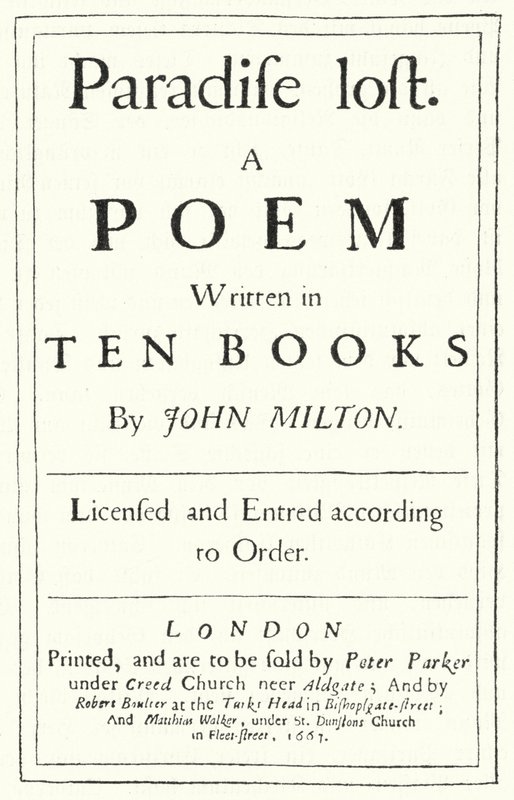 Titelside fra den originale udgave af Paradise Lost af den engelske digter John Milton, udgivet i 1667 (gravering) af German School