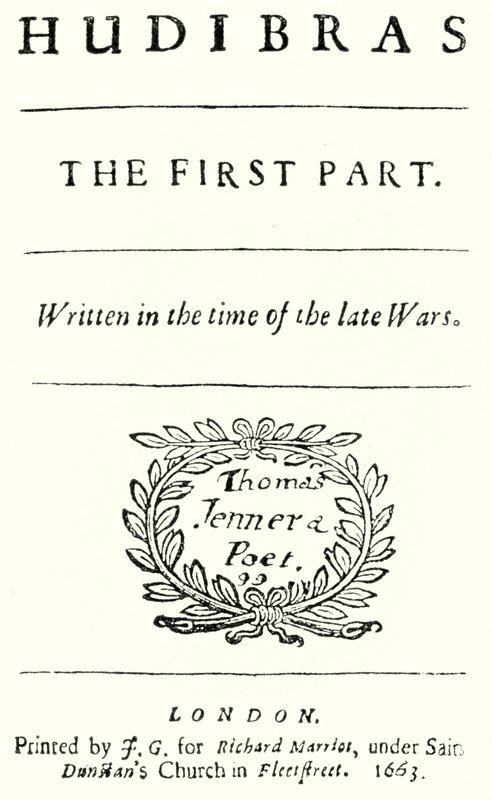Titelside fra det satiriske digt Hudibras af den engelske digter Samuel Butler, udgivet i 1663 (gravering) af German School