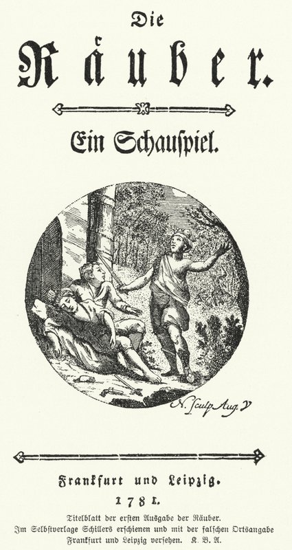 Titelside på den første udgave af Friedrich Schillers skuespil Die Rauber (Røverne) af German School