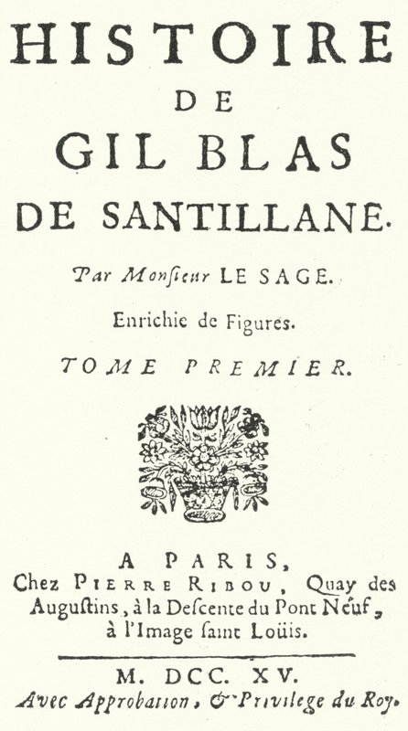Titelside af den første udgave af Gil Blas af den franske romanforfatter og dramatiker Alain-Rene Lesage, udgivet i 1715 (gravering) af German School