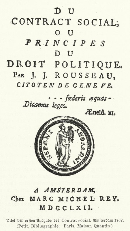 Titelside af den første udgave af Den sociale kontrakt, af Jean-Jacques Rousseau af German School