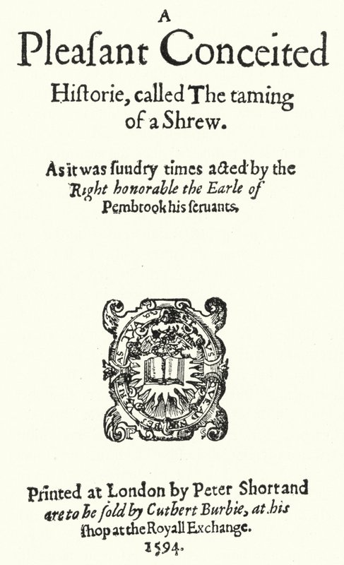 Titelside på den første udgave af Shakespeare-komedien The Taming of the Shrew (gravering) af German School