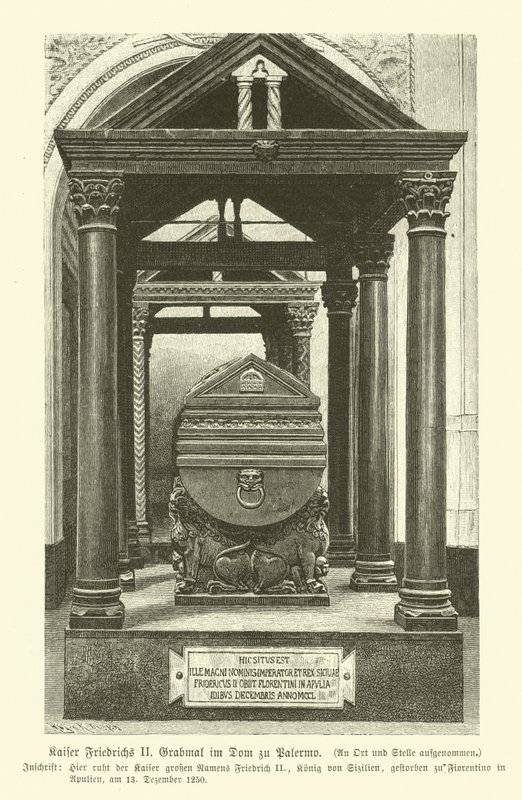 Graven af Frederik II, den hellige romerske kejser, i Palermo-katedralen, Sicilien (gravering) af German School