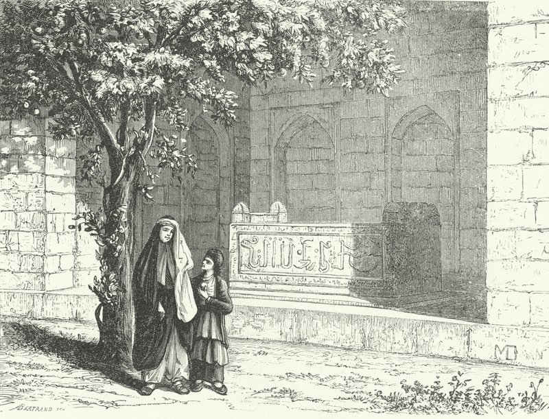 Grav af den persiske digter Saadi i den iranske by Shiraz (gravering) af German School