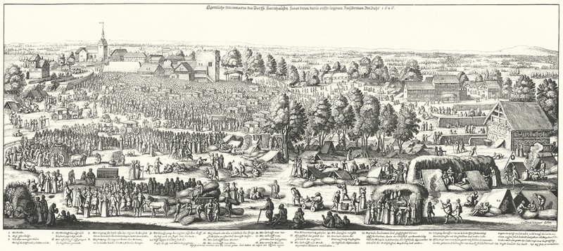 Rejsende, der besøger de helbredende kilder i landsbyen Hornhausen, 1646 (gravering) af German School