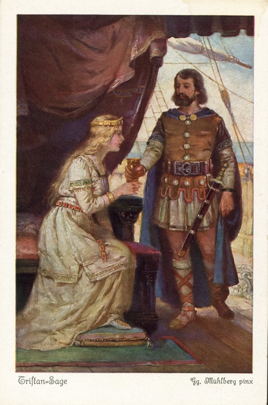 Tristan hænder kærlighedsdrikken Isolde (farve litho) af German School