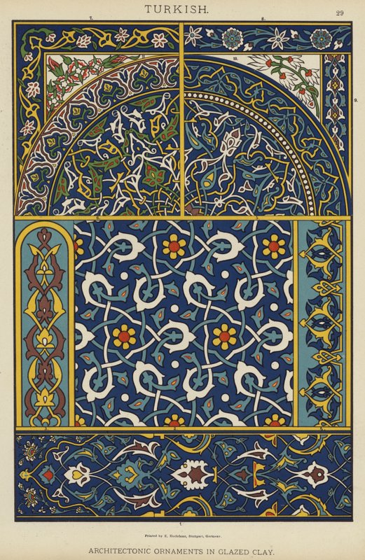 Tyrkiske, arkitektoniske ornamenter i glaseret ler (farve litho) af German School