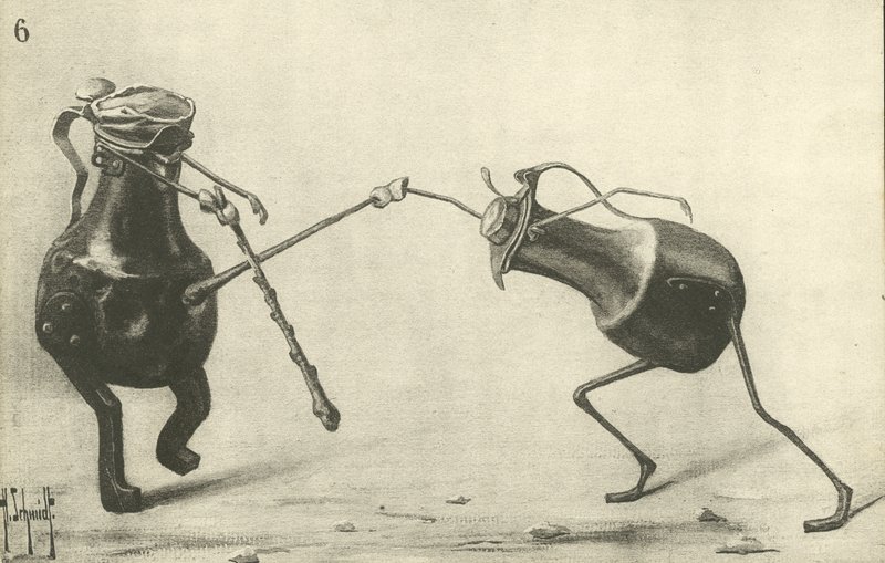 To kander kæmper en duel (litho) af German School