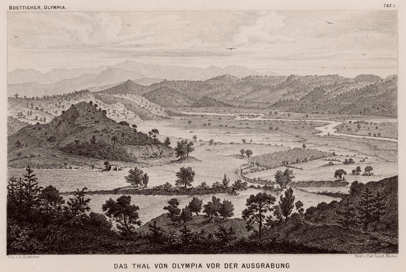 Valley of Olympia, Grækenland, før arkæologiske udgravninger (gravering) af German School