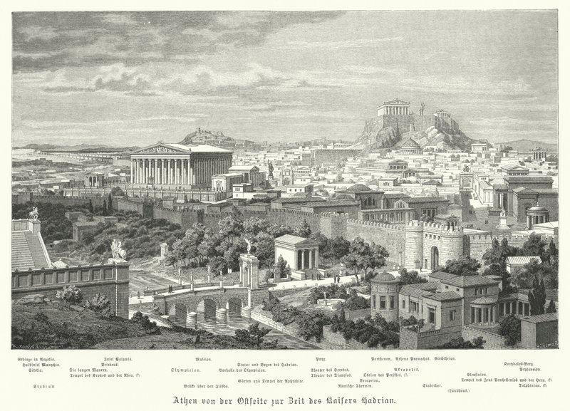 Udsigt over Athen fra øst under det romerske imperium Hadrians regeringstid, 2. århundrede (gravering) af German School