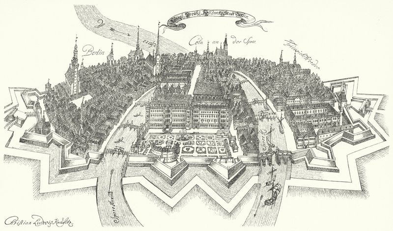 Udsigt over Berlin fra det 17. århundrede (gravering) af German School