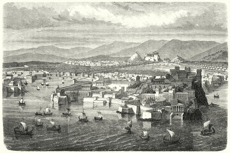 Udsigt over det gamle Athen fra Piræus (gravering) af German School