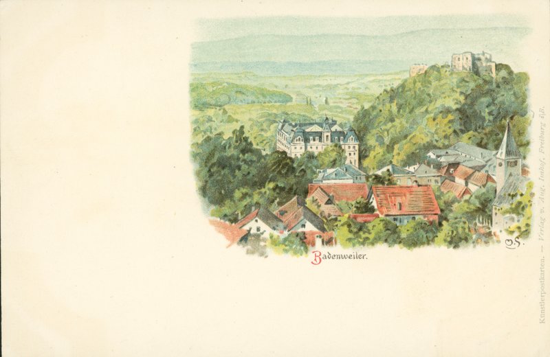 Udsigt over byen Badenweiler, Tyskland (chromolitho) af German School