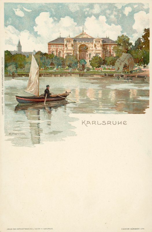 Udsigt over byen Karlsruhe i Tyskland (chromolitho) af German School