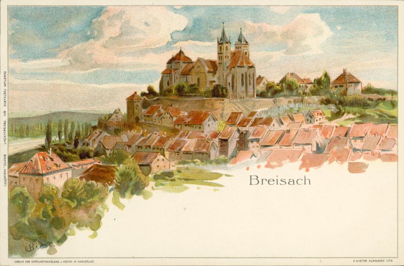 Udsigt over byen Breisach, Tyskland (chromolitho) af German School
