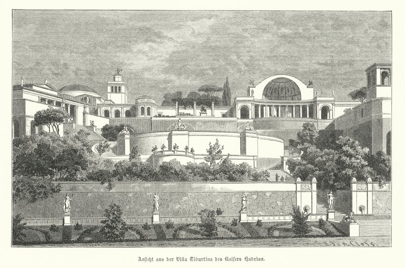 Villa af den romerske kejser Hadrian i Tivoli, Italien (gravering) af German School