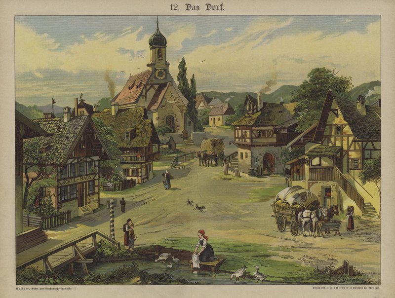 Landsby (farve litho) af German School