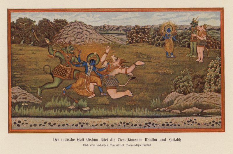 Vishnu dræber dæmonerne Madhu og Kaitaba (farvelitografi) af German School