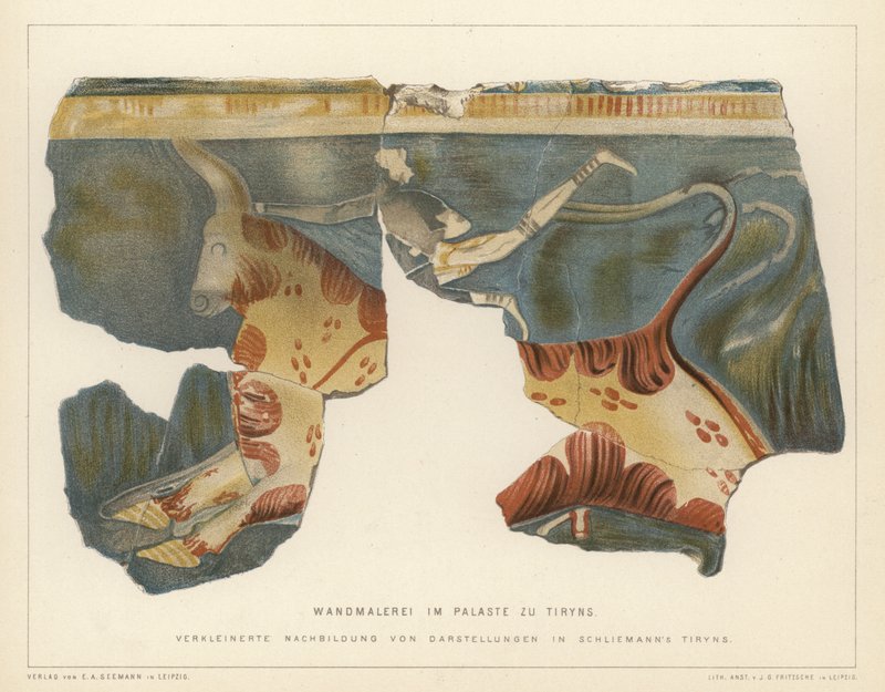Vægmaleri fra det mykenske palads i Tiryns, Grækenland, udgravet af den tyske arkæolog Heinrich Schliemann (farve litho) af German School