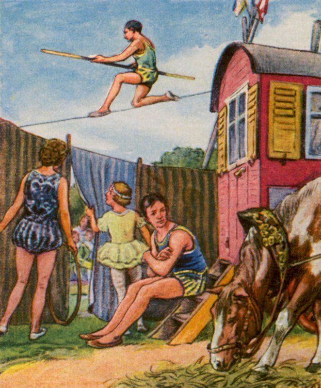 Wanderzirkus / Traveling Circus (farvelitografi) af German School