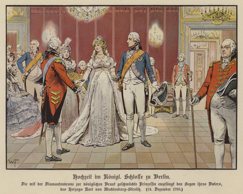 Bryllup af kronprins Frederik William af Preussen og prinsesse Louise af Mecklenburg-Strelitz i det kongelige palads, Berlin, 24. december 1793 (farve litho) af German School