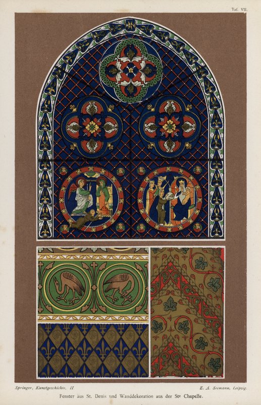 Vindue fra basilikaen St. Denis og vægdekoration fra Sainte-Chapelle, Paris, Frankrig (farve litho) af German School