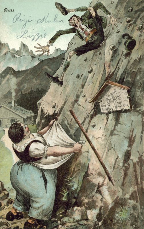 Kvinde fanger mand, der falder fra bjerg (farve litho) af German School