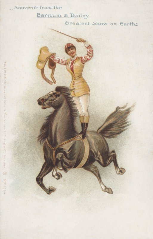 Kvindelig rytter i Barnum og Baileys cirkus (chromolitho) af German School