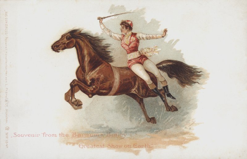 Kvindelig rytter i Barnum og Baileys cirkus (chromolitho) af German School