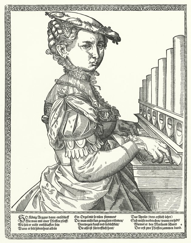 Kvinde spiller et orgel (gravering) af German School