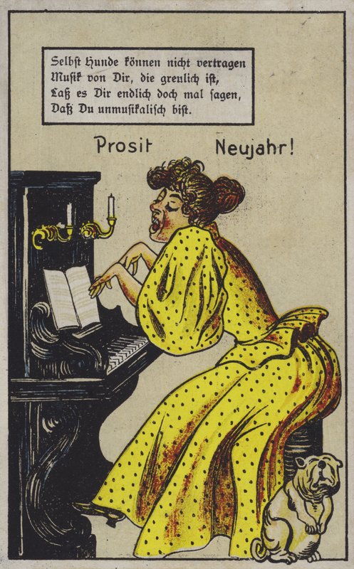 Kvinde, der spiller klaver på en meget udtryksfuld måde, til en hunds uro (farve litho) af German School