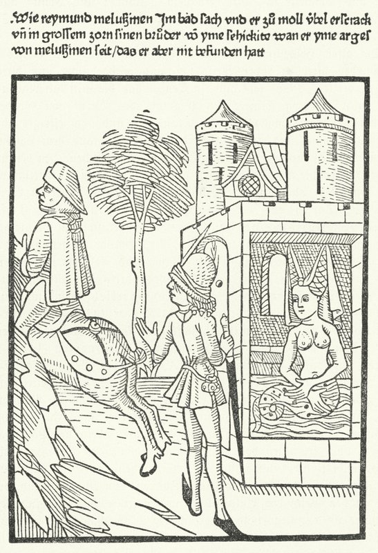 Træsnit, der viser en scene fra legenden om Melusine af German School