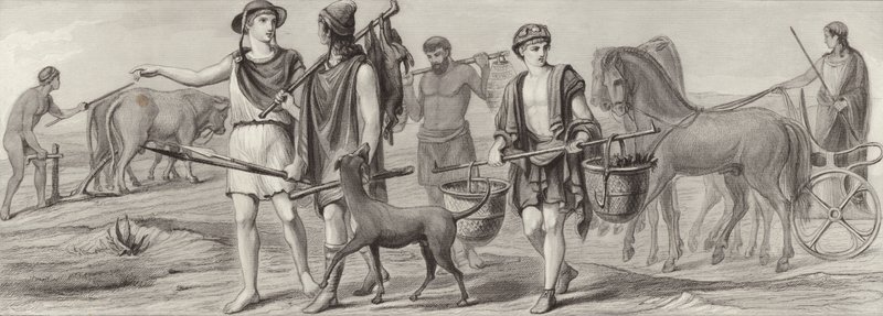 Arbejde og erhverv i det antikke Grækenland. Illustration til Bilder-Atlas (gravering) af German School