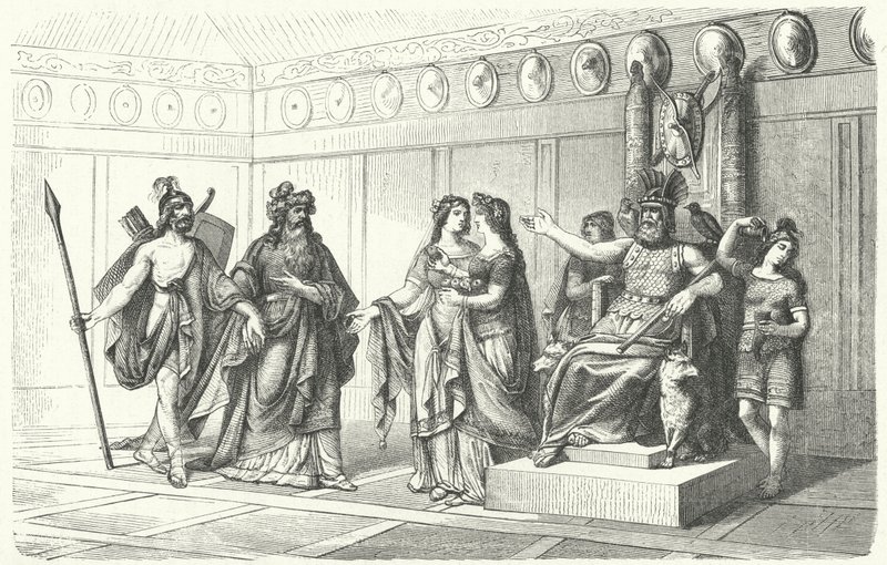 Wotan modtager musikerne introduceret af Bragi, guden for poesi og sang (gravering) af German School