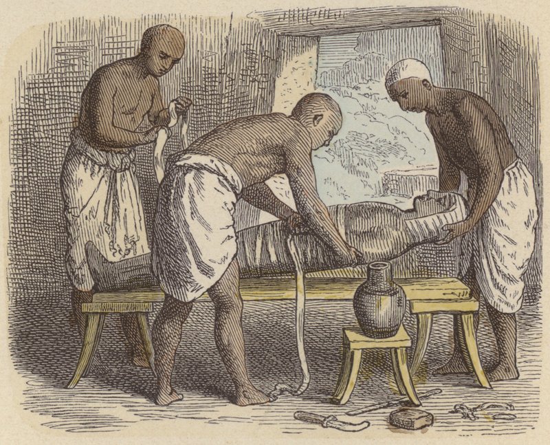 Indpakning af en mumie i det gamle Egypten (farvet indgravering) af German School