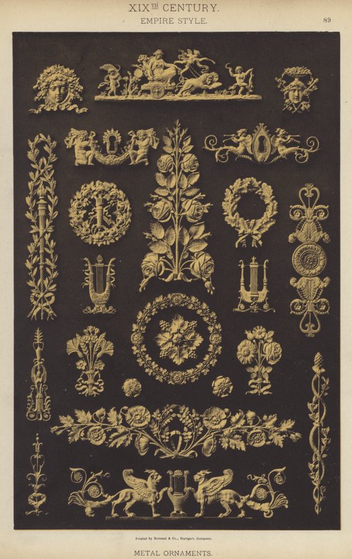 19. århundrede, Empire Style, Metal Ornamenter (farve litho) af German School