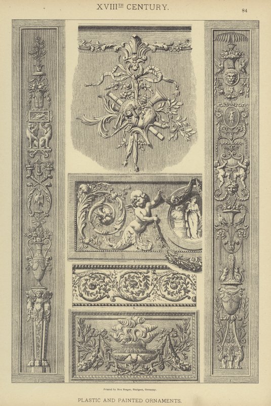 XVIII. århundrede, plastik og malede ornamenter (farve litho) af German School