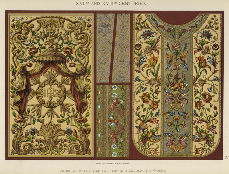 XVII. og XVIII. århundrede, broderi, lædertapistry og guldsmedeværker (farve litho) af German School
