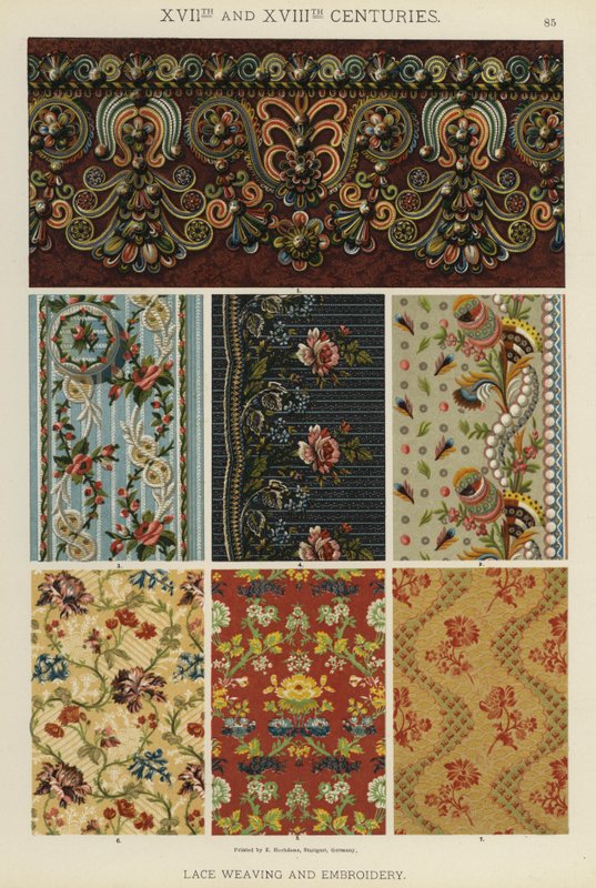 XVII. og XVIII. århundrede, blondevævning og -broderi (farve litho) af German School