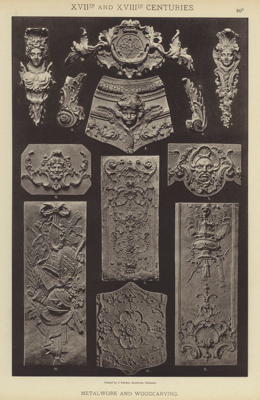 XVII. og XVIII. århundrede, metalarbejde og træskærerarbejde (farve litho) af German School