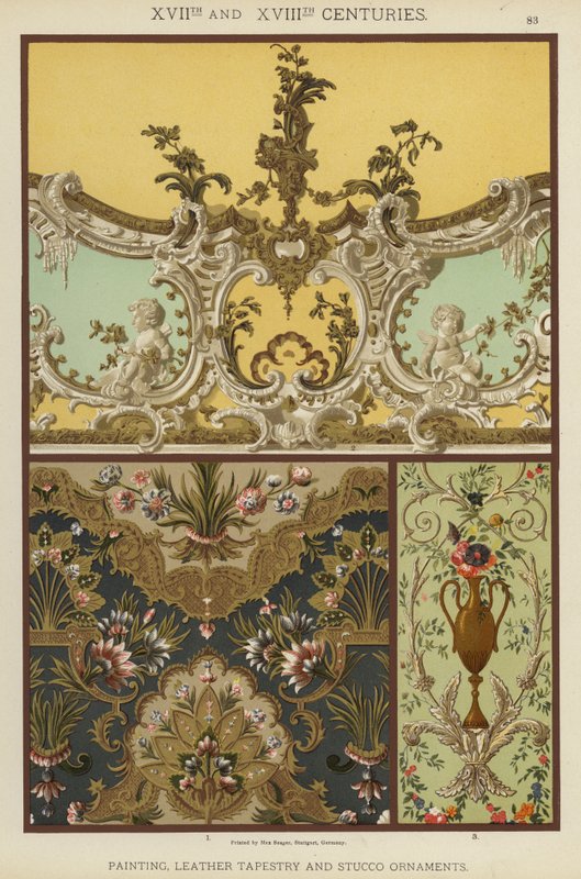 XVII. og XVIII. århundrede, maleri, lædertapet og stukornamenter (farve litho) af German School