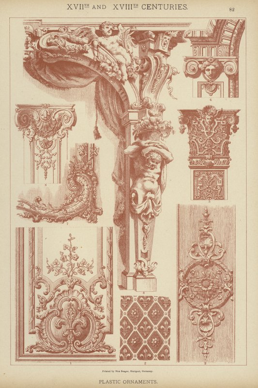 XVII. og XVIII. århundrede, plastik ornamenter (farve litho) af German School