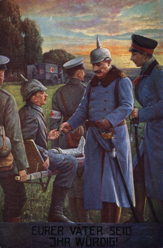 I er jeres fædre værdige: Kejser Wilhelm II tildeler en såret tysk soldat jernkorset (farvelitografi) af German School