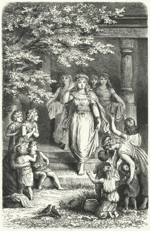 Unge tyske kvinder bærer kranse for at fejre festivalen Eostre (Ostara) (gravering) af German School