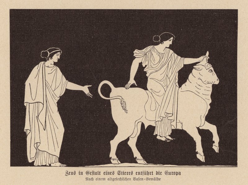 Zeus, i form af en tyr, bortfører Europa (litho) af German School