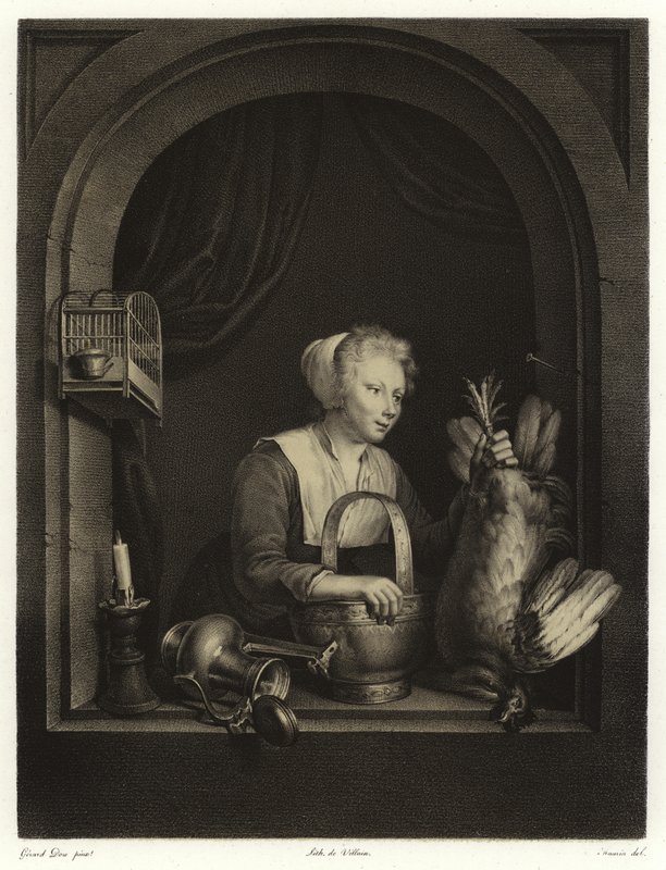 En kvinde hænger en høns op af Gerrit Dou