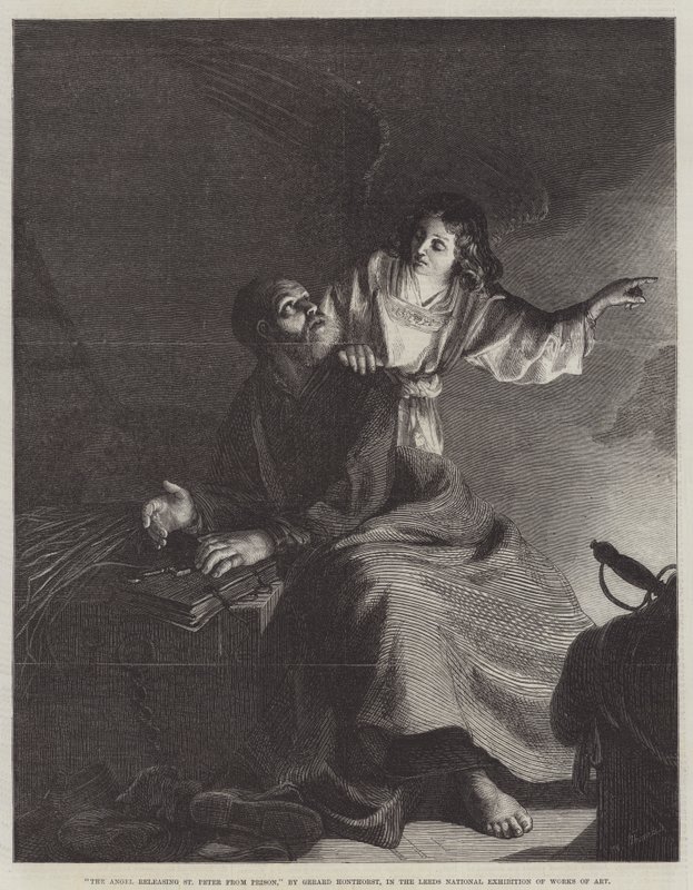 Englen løslader Sankt Peter fra fængslet af Gerrit van Honthorst