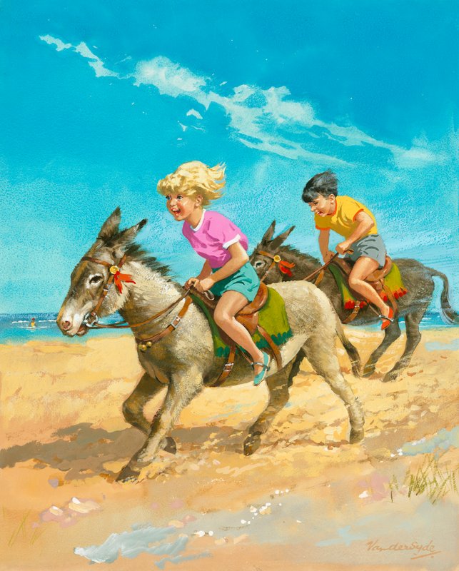 Dreng og pige rider på æsler på stranden af Gerritt Vandersyde
