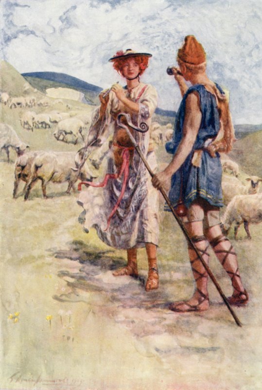 Calidore og Pastorella (farve litho) af Gertrude E. Demain (after) Hammond