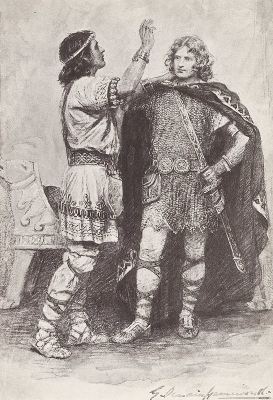Illustration til The Story of Hereward, The Champion of England (litografi) af Gertrude E. Demain (after) Hammond